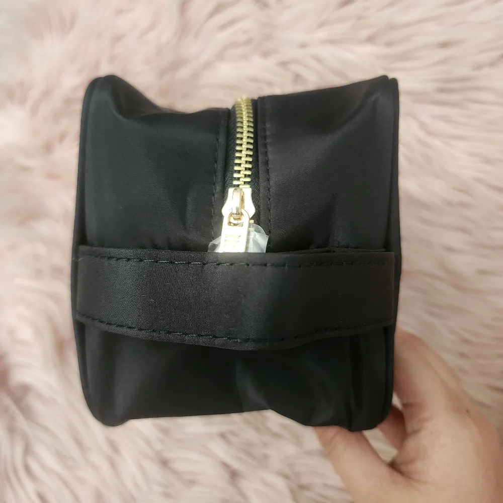 Milani makeup bag travel pouch black nylon gold embroidered